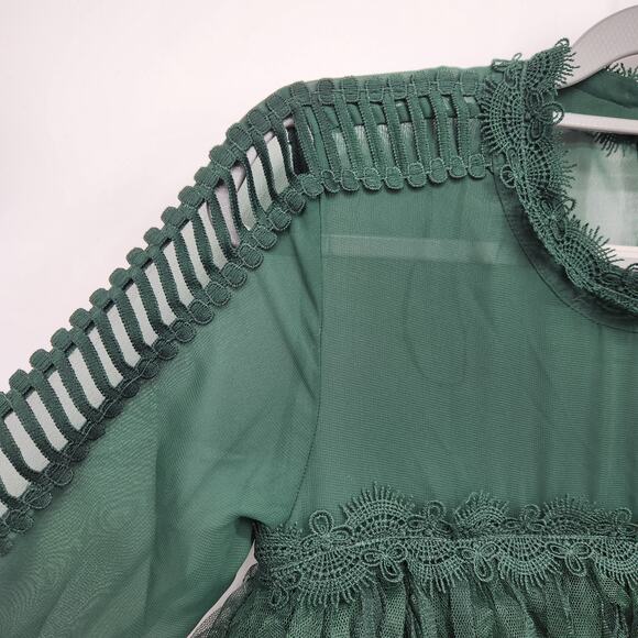 Mod X Evergreen Mesh Ladder Lace Sleeve Keyhole Back Tiered Tulle Top Women's XS - Picture 8 of 12